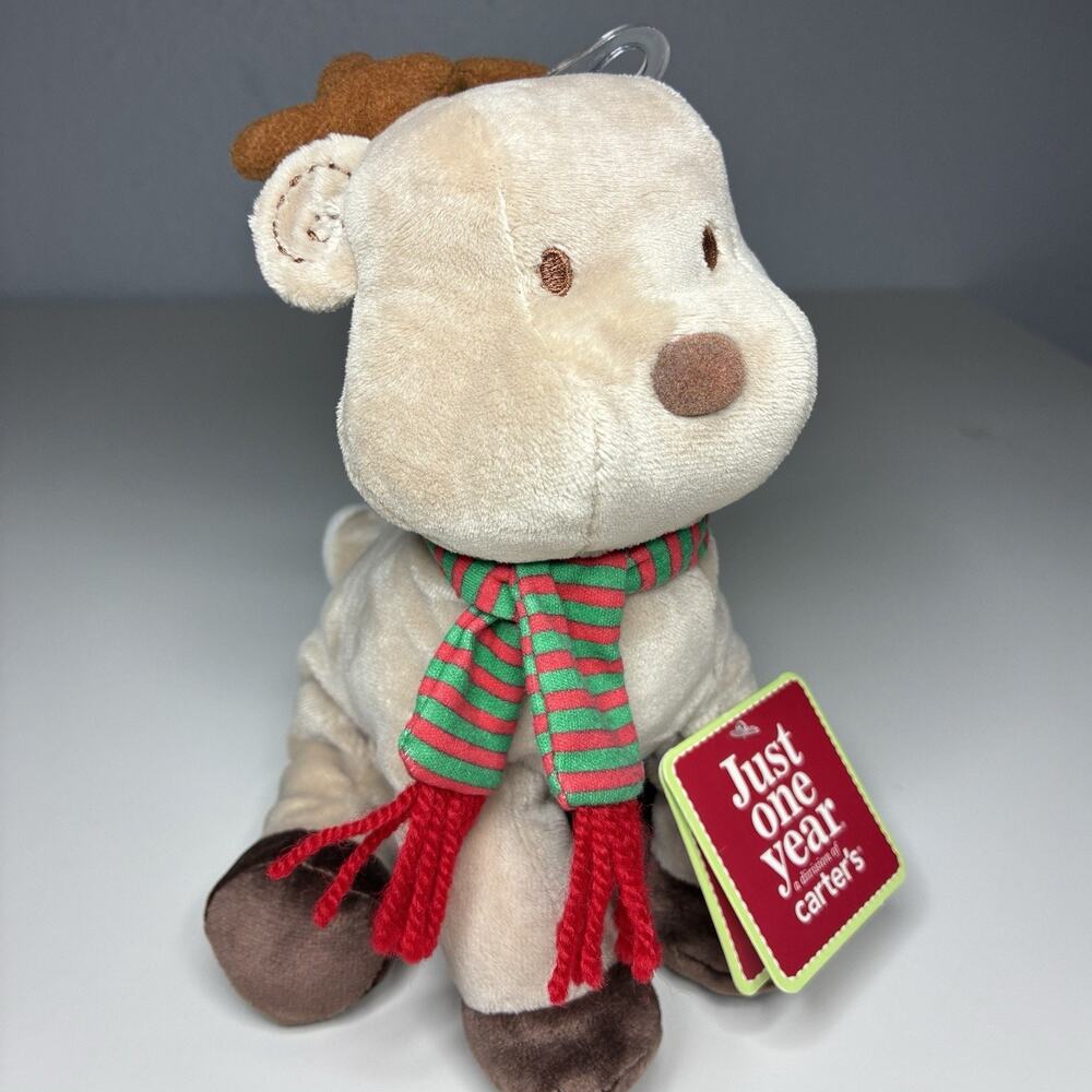 Carters Just One Year Reindeer Plush 7” Beige Brown Christmas Scarf Lovey NWT
